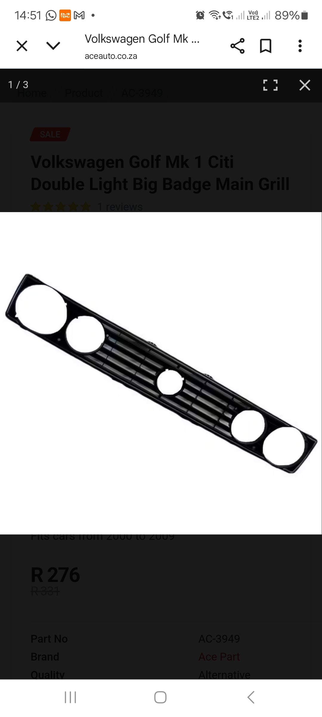 Golf 1 Double headlight Badge Grill